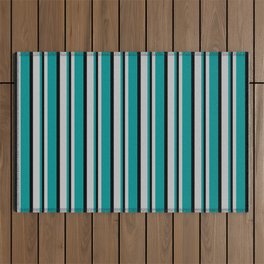 [ Thumbnail: Grey, Dark Cyan & Black Colored Lined Pattern Outdoor Rug ]