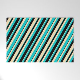 [ Thumbnail: Beige, Dark Turquoise & Black Colored Lines/Stripes Pattern Welcome Mat ]