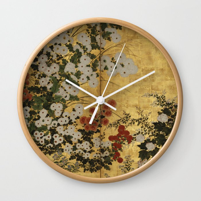 White Red Chrysanthemums Floral Japanese Gold Screen Wall Clock
