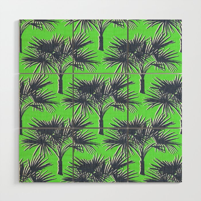70’s Palm Trees Navy Blue on Lime Green Wood Wall Art