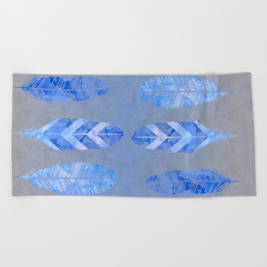Blue Feather watercolor art Beach Towel