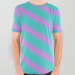 [ Thumbnail: Turquoise & Violet Colored Lined/Striped Pattern All Over Graphic Tee ]
