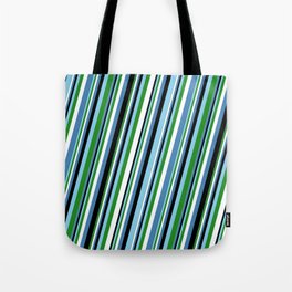 [ Thumbnail: Eye-catching Sky Blue, Forest Green, White, Blue & Black Colored Lined Pattern Tote Bag ]