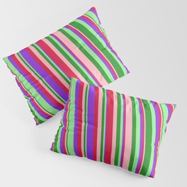 [ Thumbnail: Eye-catching Light Pink, Crimson, Purple, Light Green, and Forest Green Colored Stripes Pattern Pillow Sham ]