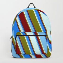 [ Thumbnail: Vibrant Blue, Light Sky Blue, Light Cyan, Green & Dark Red Colored Lined/Striped Pattern Backpack ]