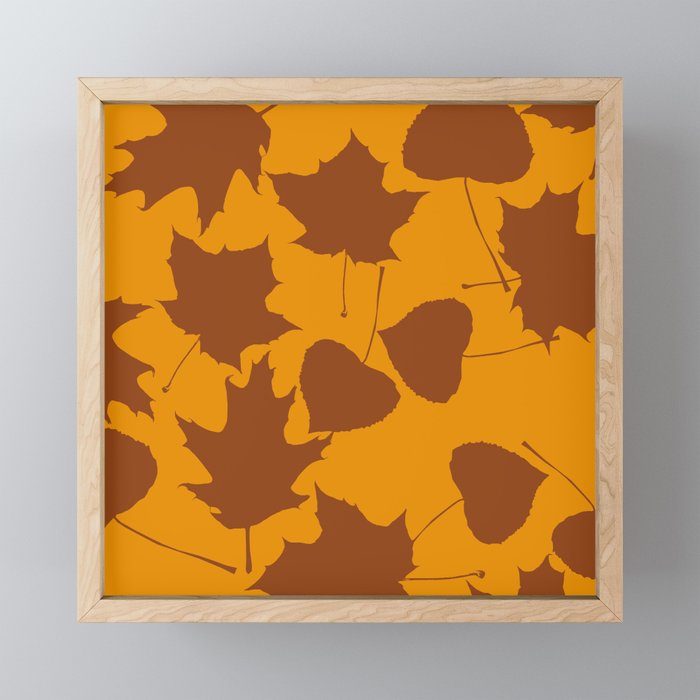 Fall Leaf Collage- Brown Leaves on Yellow Orange Framed Mini Art Print