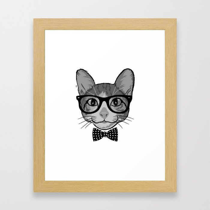 Cat Hipster With Polka Dots Bow Tie - Black White Framed Art Print