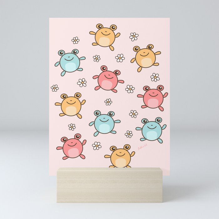 Cute Happy Jumping Frogs, Fun Frog Pattern for Kids Mini Art Print