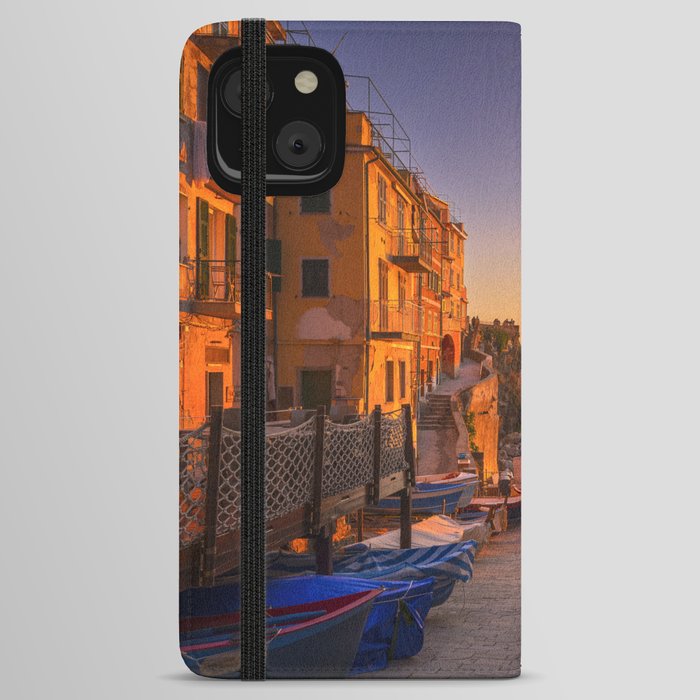 Riomaggiore, boats in the street at sunset. Cinque Terre iPhone Wallet Case