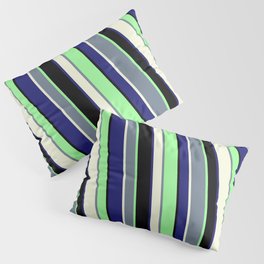 [ Thumbnail: Vibrant Slate Gray, Beige, Midnight Blue, Black, and Green Colored Stripes/Lines Pattern Pillow Sham ]