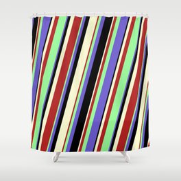 [ Thumbnail: Green, Slate Blue, Black, Light Yellow, and Red Colored Stripes Pattern Shower Curtain ]