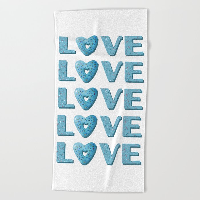 Cute blue heart shaped donut and word Love Beach Towel