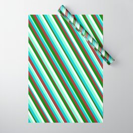 [ Thumbnail: Eyecatching Aquamarine, Dark Turquoise, Brown, Green, and Mint Cream Colored Pattern of Stripes Wrapping Paper ]