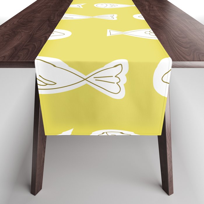 Little Fishes Pattern Mustard Yellow Background Table Runner