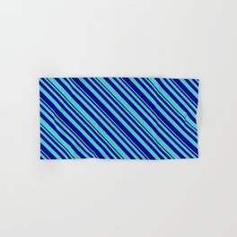 [ Thumbnail: Dark Blue & Turquoise Colored Striped/Lined Pattern Hand & Bath Towel ]