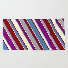 [ Thumbnail: Colorful Purple, Blue, Dark Grey, Light Yellow, and Dark Red Colored Striped/Lined Pattern Beach Towel ]