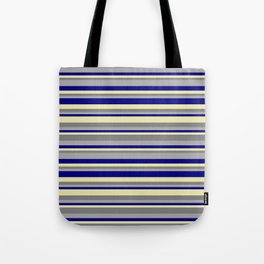 [ Thumbnail: Dark Gray, Blue, Pale Goldenrod, and Gray Colored Striped Pattern Tote Bag ]