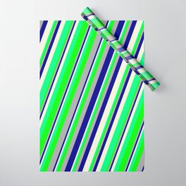 [ Thumbnail: Eyecatching Dark Gray, Dark Blue, Beige, Green & Lime Colored Striped/Lined Pattern Wrapping Paper ]