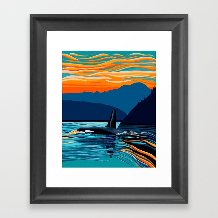 Orca into the Fire Sky Framed Art Print