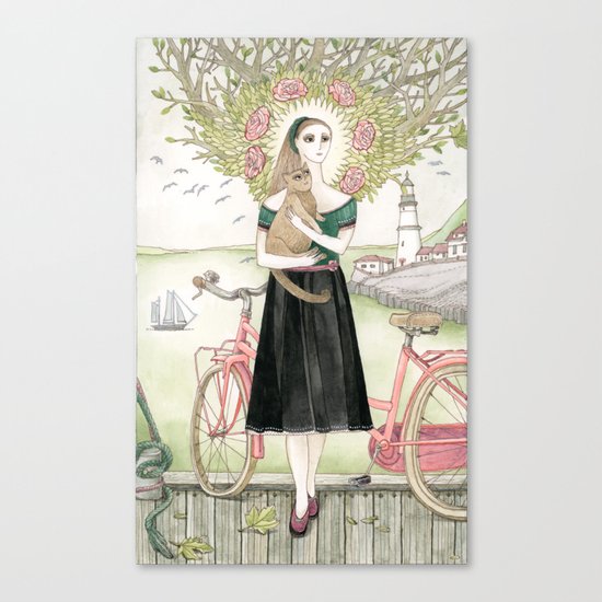 Girl and cat with pink bicycle Canvas Print