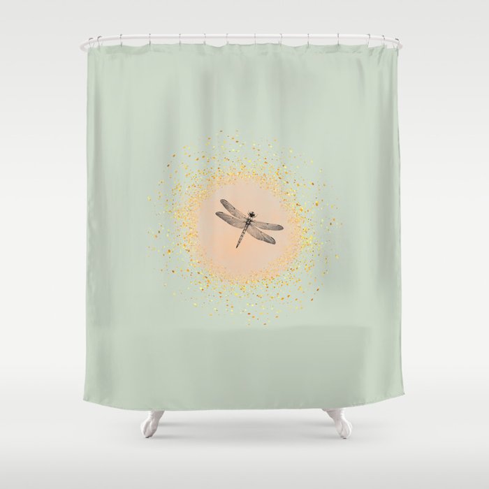 Sketched Dragonfly and Gold Circle Frame on Apple Green Shower Curtain