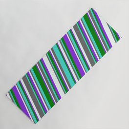 [ Thumbnail: Dim Grey, Turquoise, Green, Purple & Mint Cream Colored Lined Pattern Yoga Mat ]