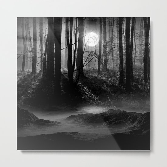 Mystical Dark & Eerie Forest with Moon (Black & White) Metal Print