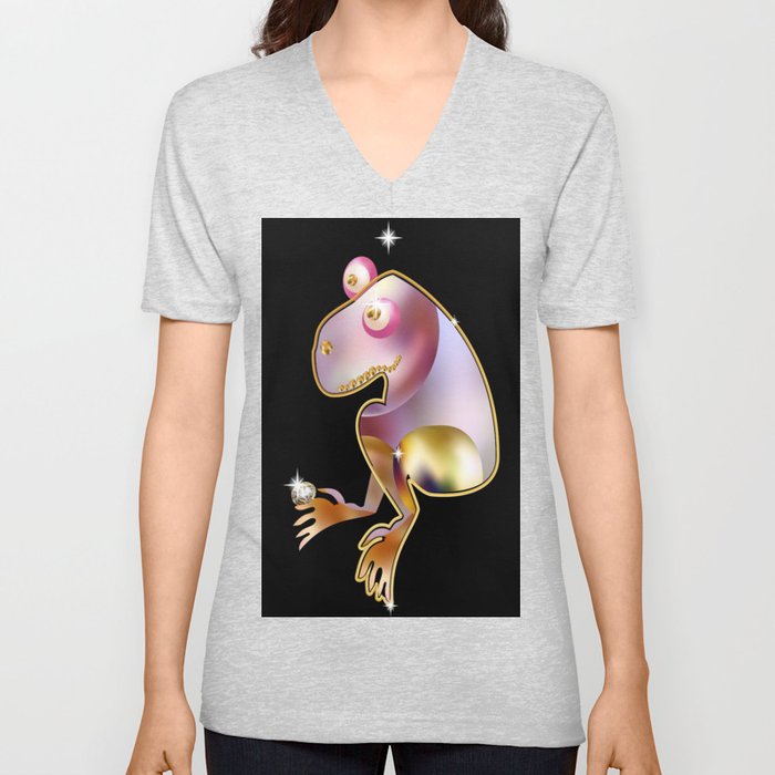 Brooch animal figurine with pearls jewellery and precious stones. Diamonds and gold on animal figures. Frog. V Neck T Shirt