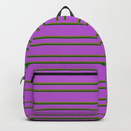 [ Thumbnail: Orchid, Green & Dark Green Colored Pattern of Stripes Backpack ]
