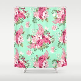 Cottage Chic Roses and Lilacs Floral in Aqua and Pink Shower Curtain