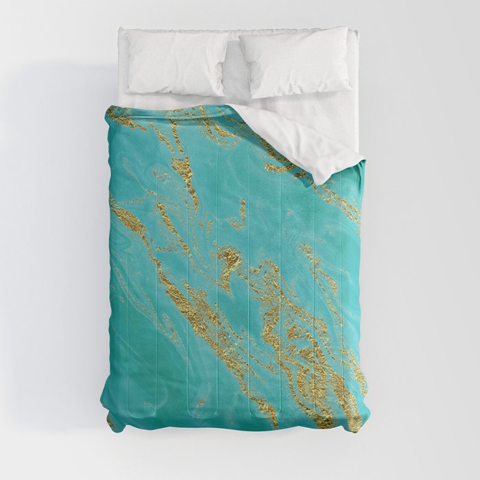 Luxury and glamorous gold glitter on aqua Sea marble Comforter