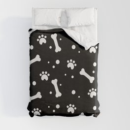 White dog paw and bones pattern on black background Duvet Cover