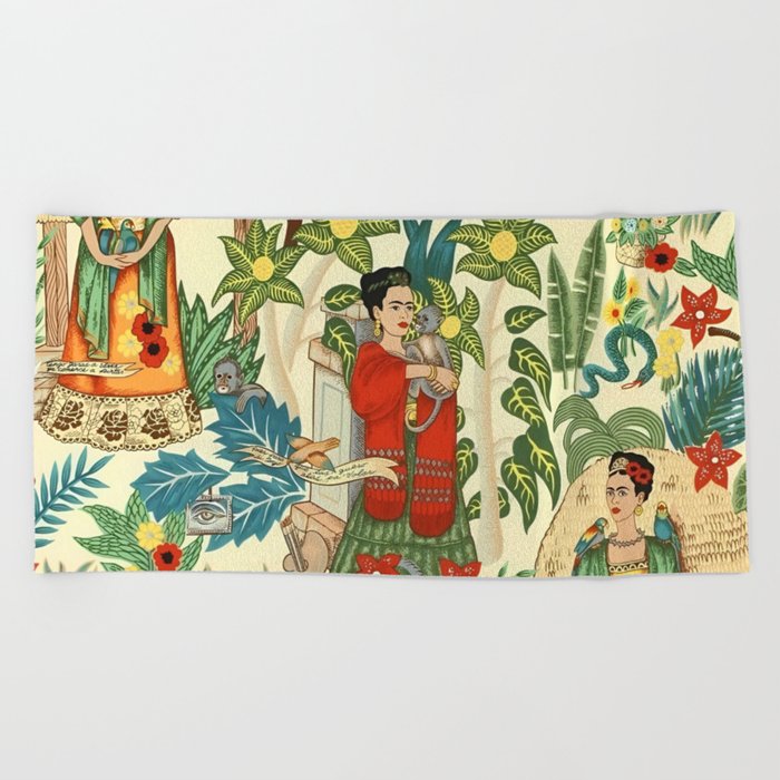 Frida's Coyoacán Mexican Garden of Casa Azul Lush Tropical  floral painting Beach Towel