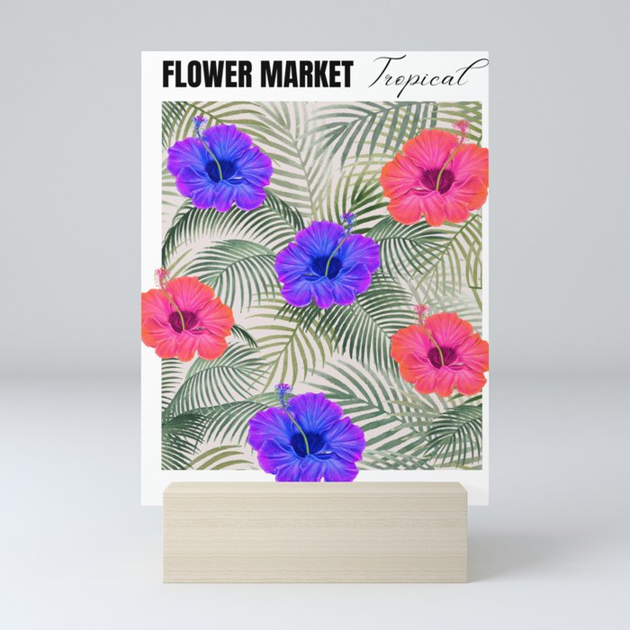Tropical Flower Market Pink Blue Hibiscus & Palm Leaves Mini Art Print