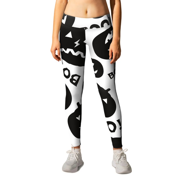 Halloween Black and White Pattern with Pumpkin Silhouette and inscription Boo Leggings