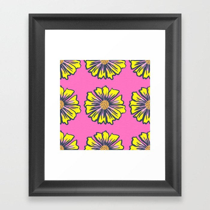 Retro Modern Spring Daisy Flower Hot Pink And Yellow Framed Art Print