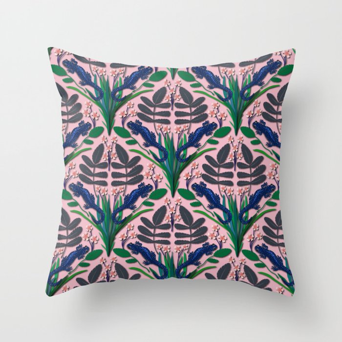 Blue spotted salamander pattern in peach Throw Pillow