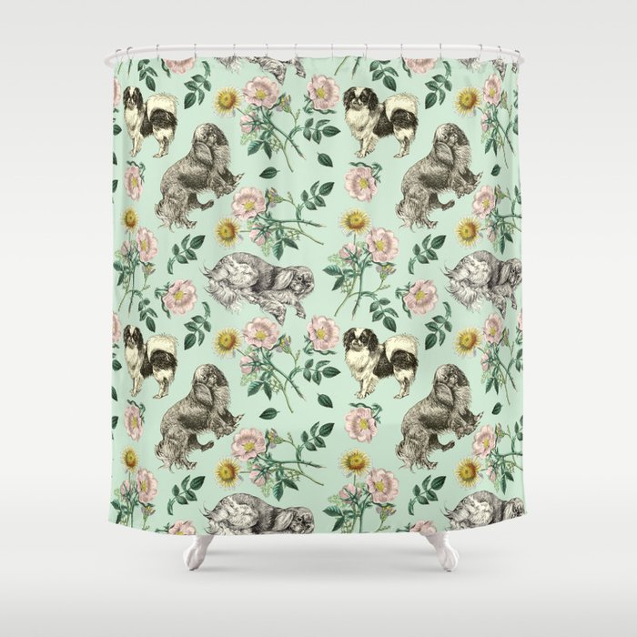 DOG ROSE & TOY SPANIEL - MINT Shower Curtain