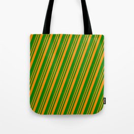 [ Thumbnail: Dark Orange & Green Colored Stripes Pattern Tote Bag ]