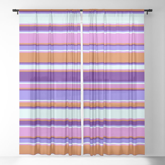 Colorful Chocolate, Indigo, Medium Slate Blue, Light Cyan, and Orchid Colored Stripes Pattern Sheer Curtain