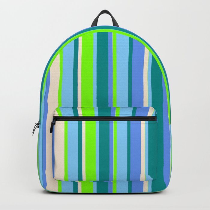Eye-catching Chartreuse, Light Sky Blue, Dark Cyan, Cornflower Blue, and Beige Colored Lines Pattern Backpack