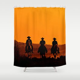 Wild West sunset - Cowboy Men horse riding at sunset Vintage west vintage illustration Shower Curtain