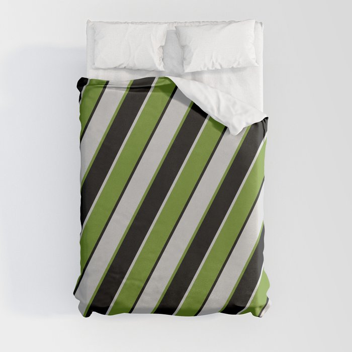 Light Gray, Green, and Black Colored Lines Pattern Duvet Cover