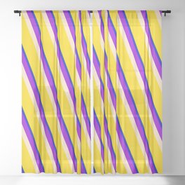 [ Thumbnail: Vibrant Green, Blue, Dark Violet, Bisque & Yellow Colored Striped Pattern Sheer Curtain ]