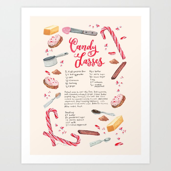 Grandma's Christmas Candy Lasses Illustrated Recipe Art Print