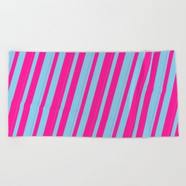 [ Thumbnail: Sky Blue & Deep Pink Colored Striped Pattern Beach Towel ]