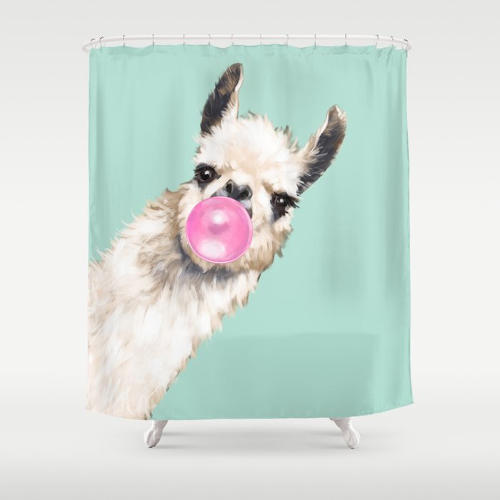 Bubble Gum Sneaky Llama in Green Shower Curtain
