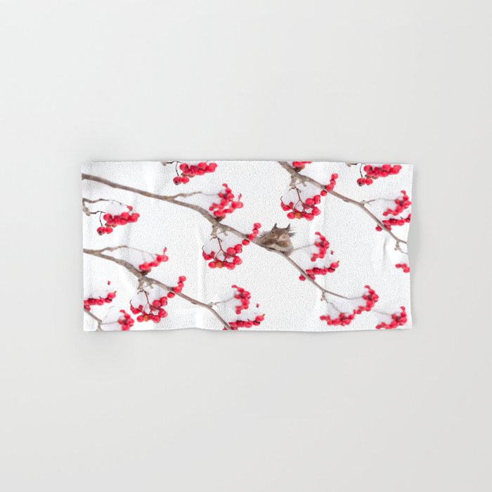 Cute Squirrel With Red Rowan Berries On A White Background  Hand & Bath Towel