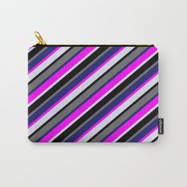 [ Thumbnail: Colorful Fuchsia, Lavender, Black, Dim Grey & Midnight Blue Colored Stripes/Lines Pattern Carry-All Pouch ]