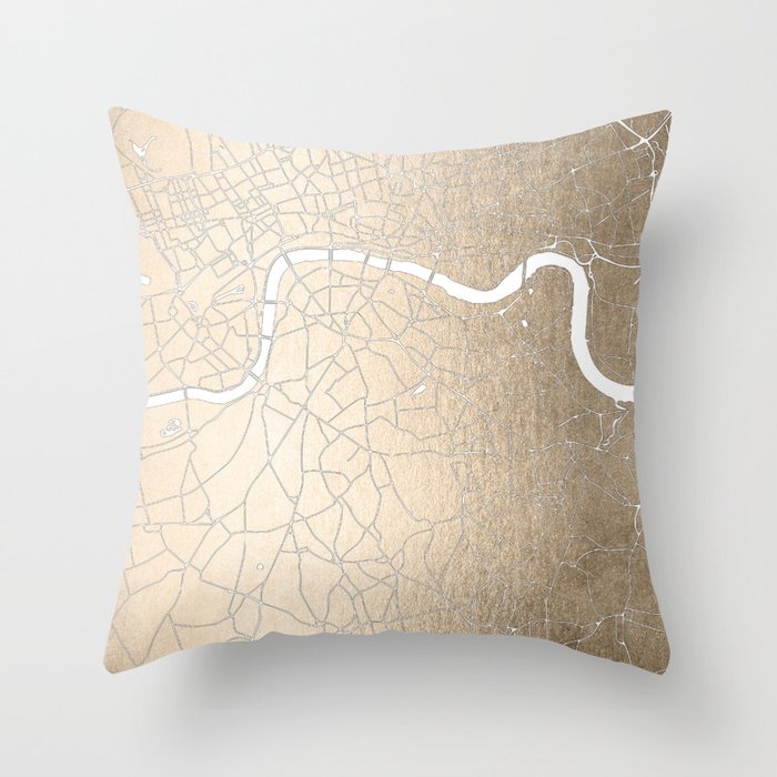 Gold on White London Street Map II Throw Pillow